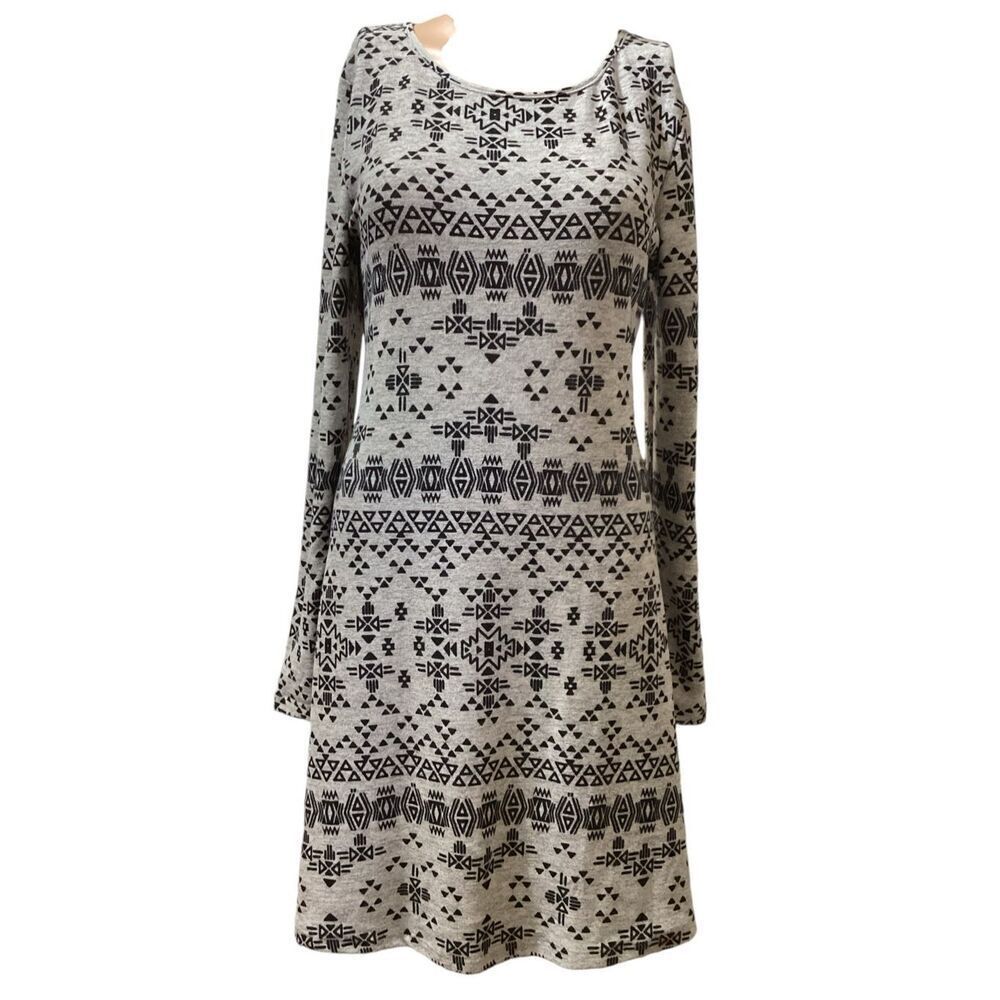 Aztec Print Long Sleeve Swing Dress M
